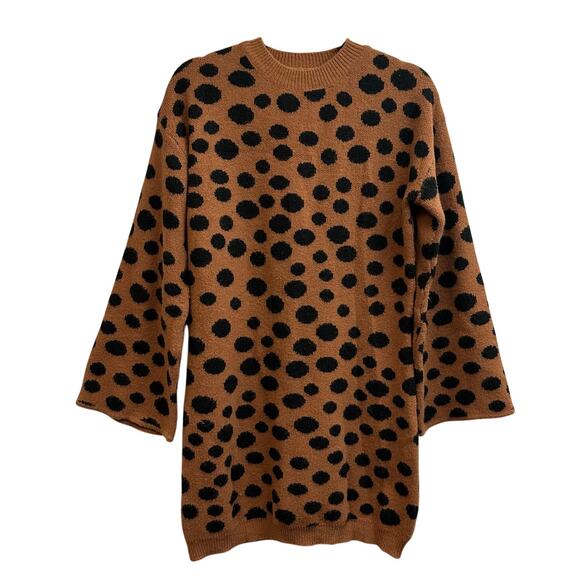 Lulu's Brown Beige Black Polka Dot Bell Sleeve Sweater Dress Size Small Midi - Picture 2 of 8